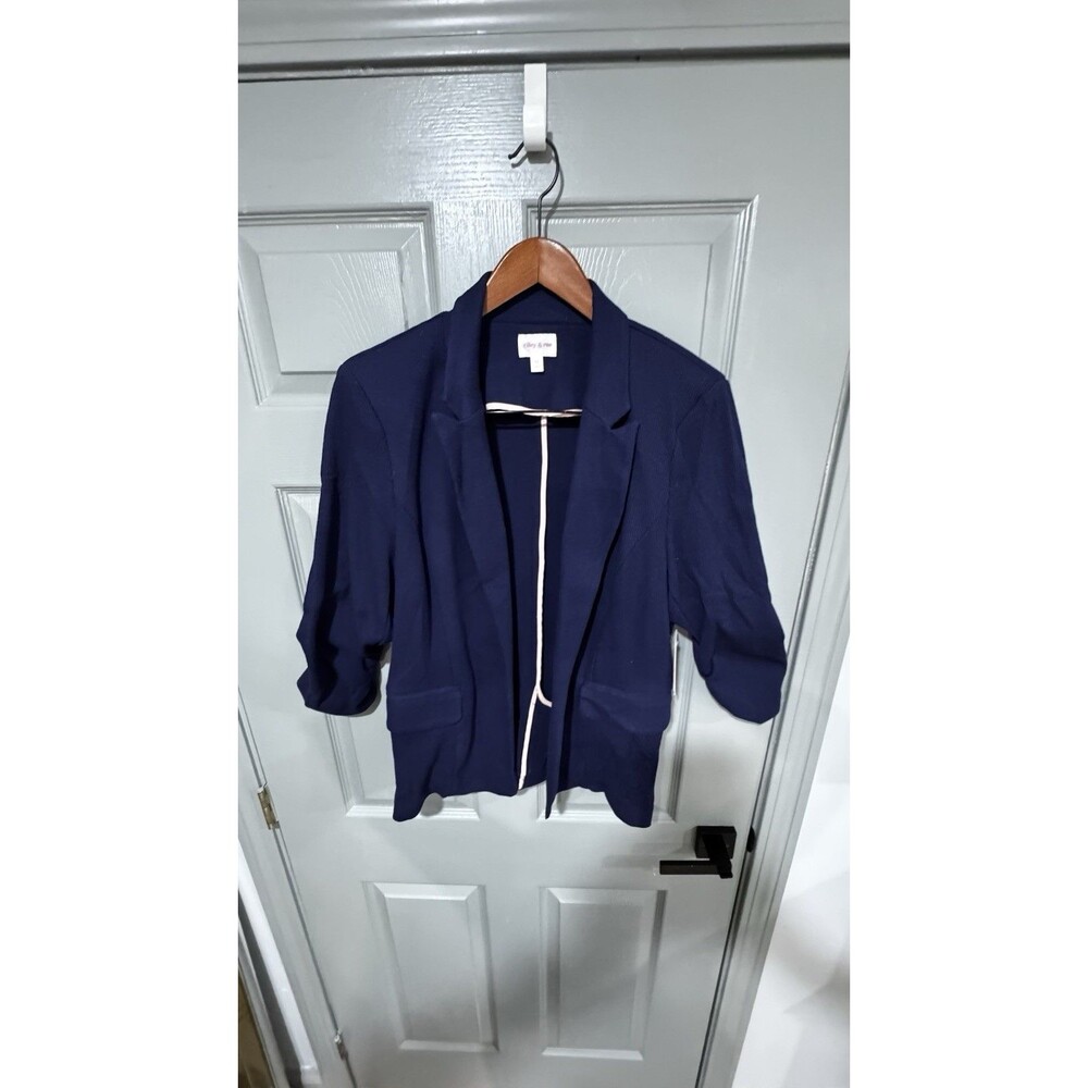 Navy Open Jacket with Ruched 3/4 Sleeves, Pockets XL
